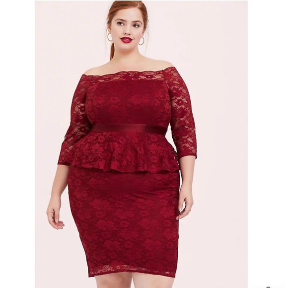 TORRID size 28 DARK RED LACE OFF SHOULDER PEPLUM DRESS - Picture 2 of 5